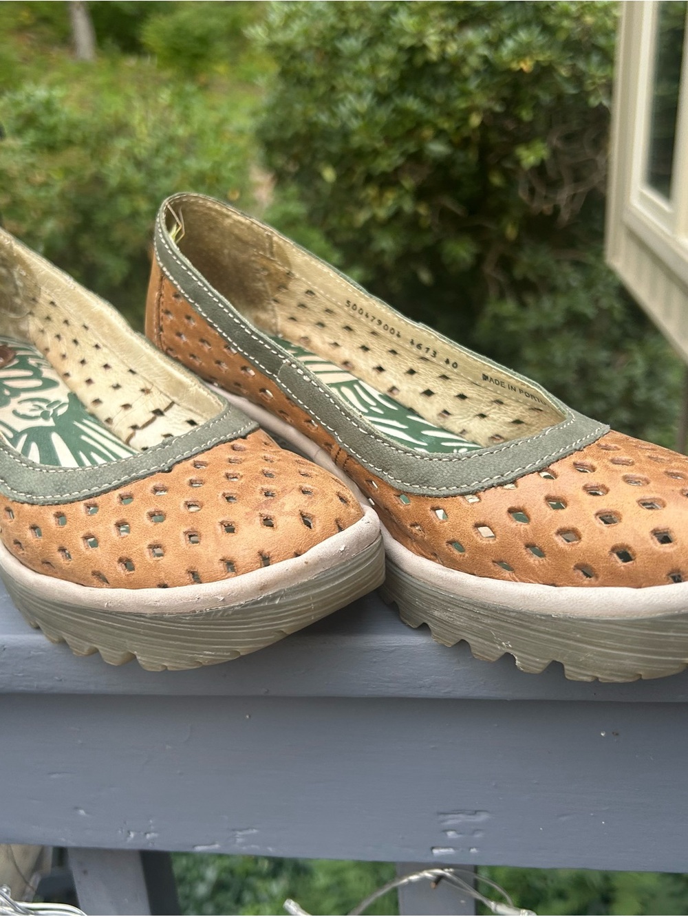 Women's Casual Fly London Perforated Slip-On Wedges in Tan and Olive 9